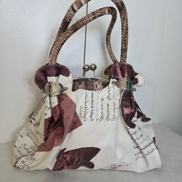 Vintage Design Coin Purse Style Handbag White with Earthtones and Mauve Patterns - Picture 2 of 7